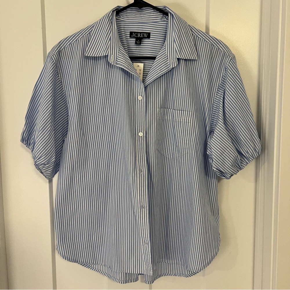 Jcrew puff sleeve short sleeve blue and white striped top size 8 NWT